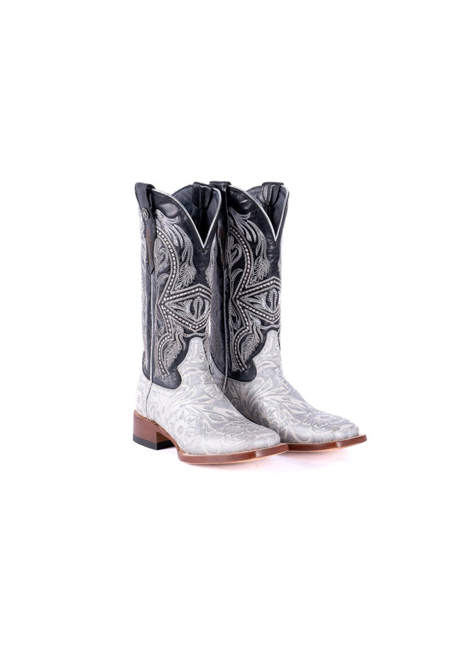 TANNER MARK WOMEN’S Jungle Handtooled White & Silver Cowgirl Boots With Volcano Black Top - Rancho Sementalvariable