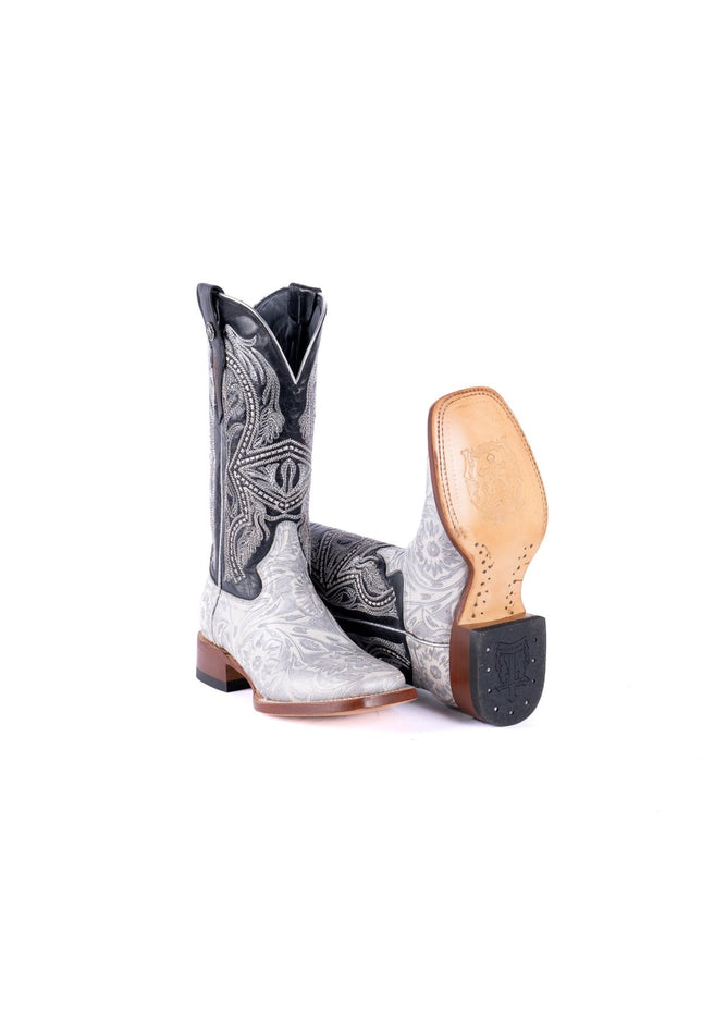 TANNER MARK WOMEN’S Jungle Handtooled White & Silver Cowgirl Boots With Volcano Black Top - Rancho Sementalvariable