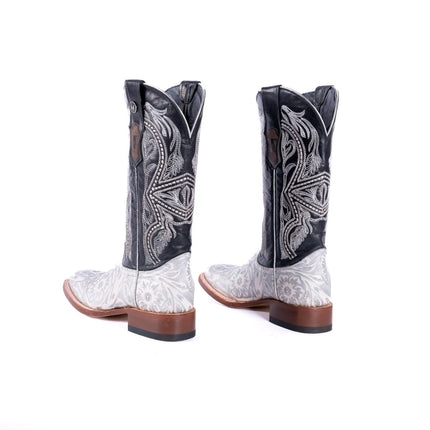 TANNER MARK WOMEN’S Jungle Handtooled White & Silver Cowgirl Boots With Volcano Black Top - Rancho Sementalvariable