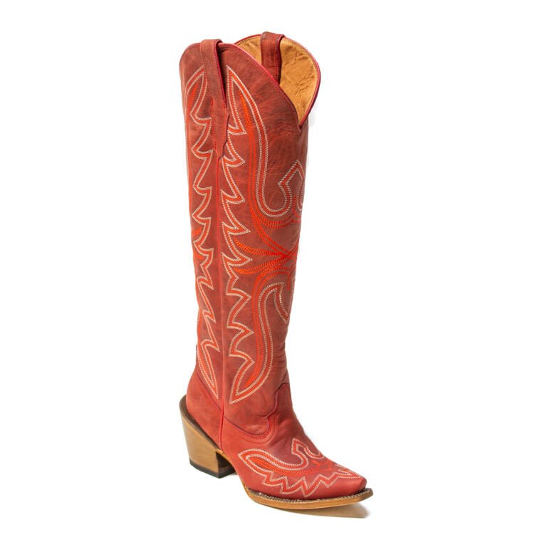 TANNER MARK WOMEN’S Kendra Crackle Red Fashion Heel Knee High Cowgirl Boots - Rancho Sementalvariable