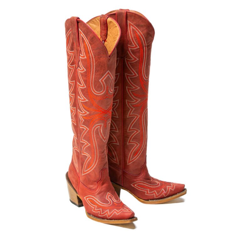 TANNER MARK WOMEN’S Kendra Crackle Red Fashion Heel Knee High Cowgirl Boots - Rancho Sementalvariable