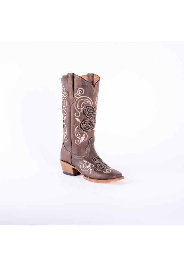 TANNER MARK WOMEN’S Nobuck Choco Cowgirl Boots With Triple Rose Inlay Top - Rancho Sementalvariable
