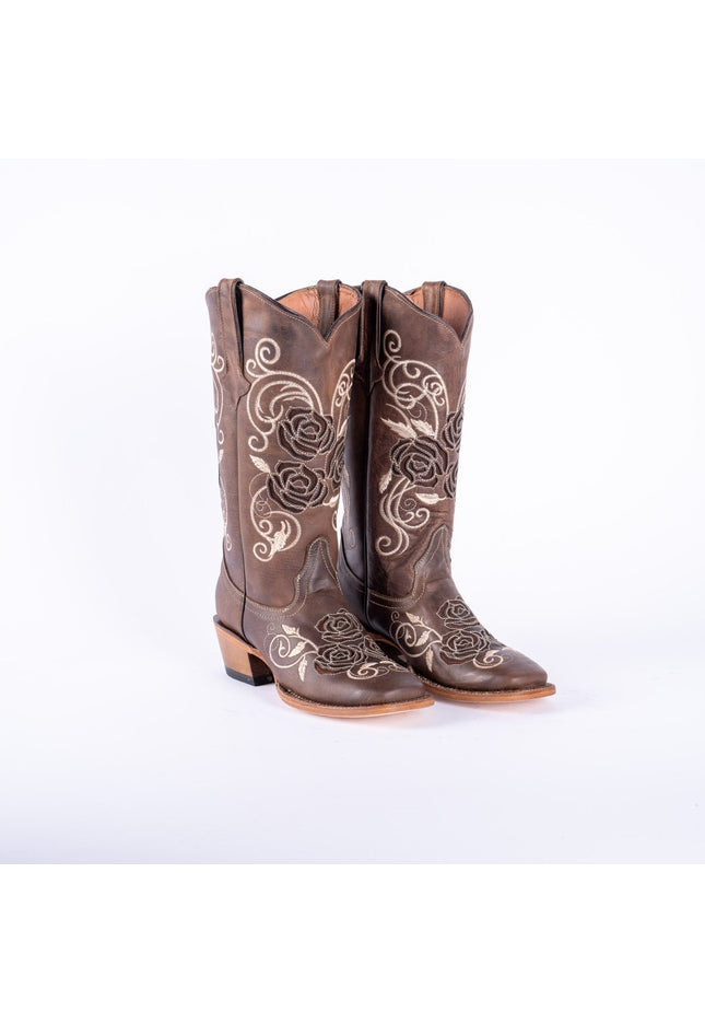 TANNER MARK WOMEN’S Nobuck Choco Cowgirl Boots With Triple Rose Inlay Top - Rancho Sementalvariable