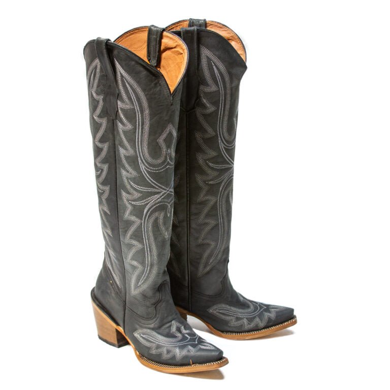 TANNER MARK WOMEN’S Oakley Crackle Black Fashion Heel Knee High Cowgirl Boots - Rancho Sementalvariable