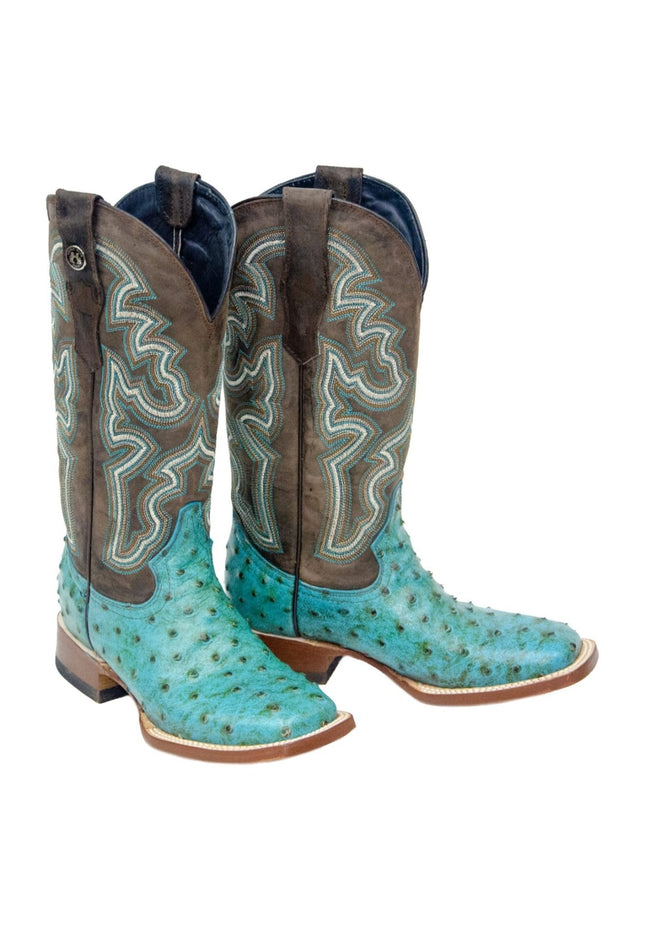 TANNER MARK WOMEN’S Ostrich Print Turquoise Cowgirl Boots Whit Mad Dog Brown Top - Rancho Sementalvariable