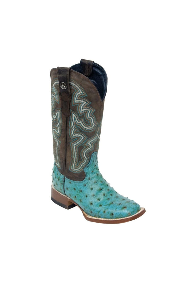 TANNER MARK WOMEN’S Ostrich Print Turquoise Cowgirl Boots Whit Mad Dog Brown Top - Rancho Sementalvariable