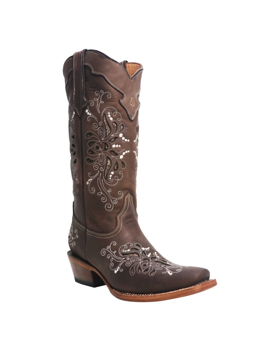 TANNER MARK WOMEN’S Pasadena Chocolate Brown Cowgirl Boots Whit Shimmer Brown Butterfly Inlay - Rancho Sementalvariable