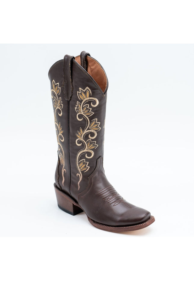 TANNER MARK WOMEN’S San Angelo Triad Chocolate Cowgirl Boots Whit Cactus Flower Embroidery Top - Rancho Sementalvariable