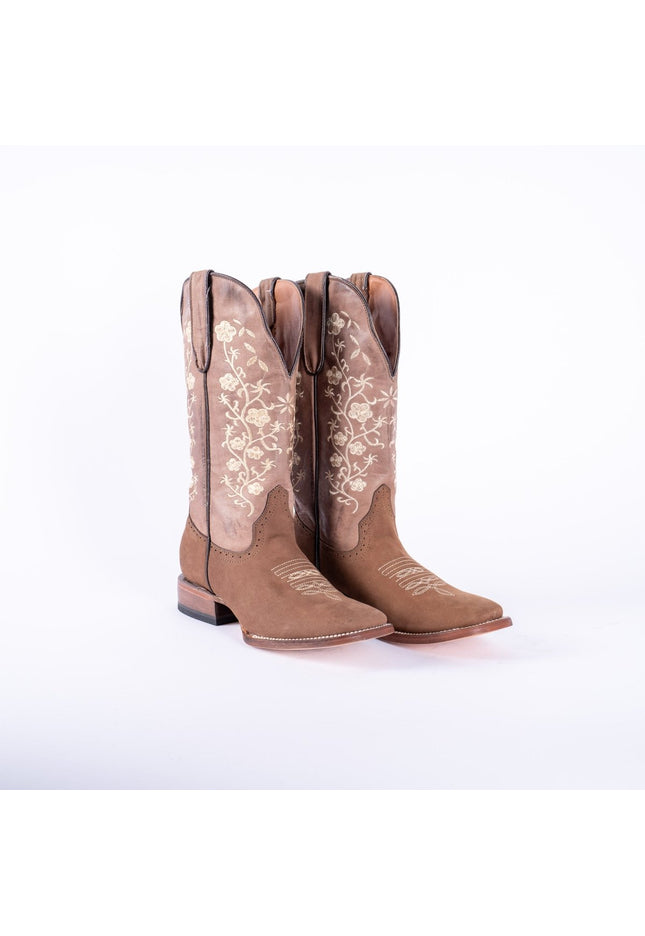 TANNER MARK WOMEN’S Turn - in Crazy Brown Cowgirl Boots With Floral Embroidery Top - Rancho Sementalvariable