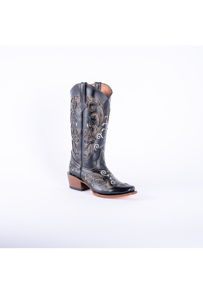 TANNER MARK WOMEN’S Venice Black Classic Black Cowgirl Boots With Gold Sparkle Inlay Top - Rancho Sementalvariable