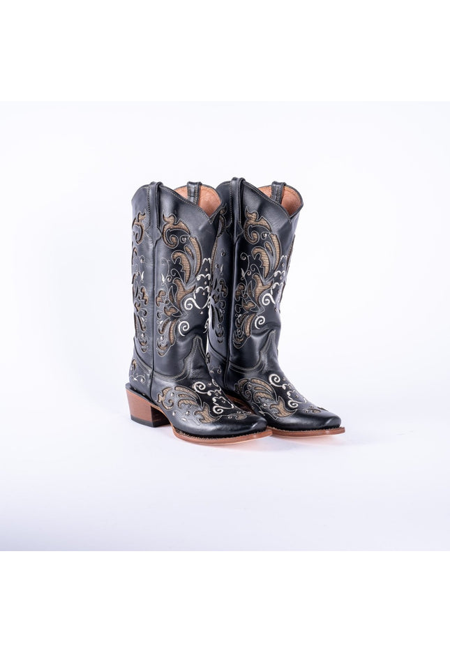 TANNER MARK WOMEN’S Venice Black Classic Black Cowgirl Boots With Gold Sparkle Inlay Top - Rancho Sementalvariable