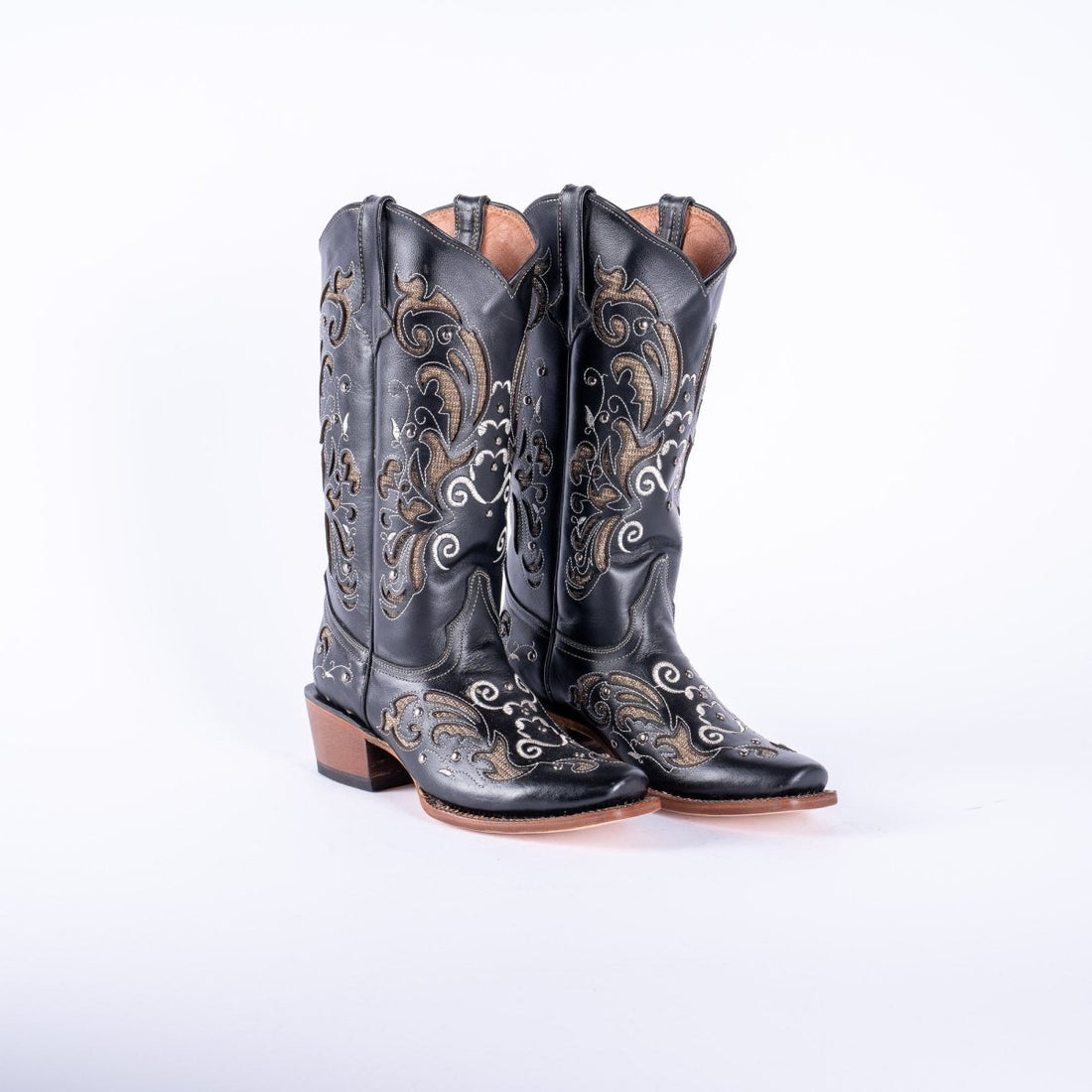 TANNER MARK WOMEN’S Venice Black Classic Black Cowgirl Boots With Gold Sparkle Inlay Top - Rancho Sementalvariable