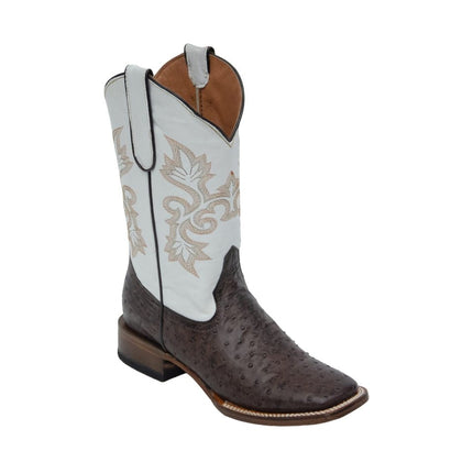TANNER MARK YOUTH Shane Ostrich Print Brown Western Youth Boots Bone Top - Rancho Sementalvariable