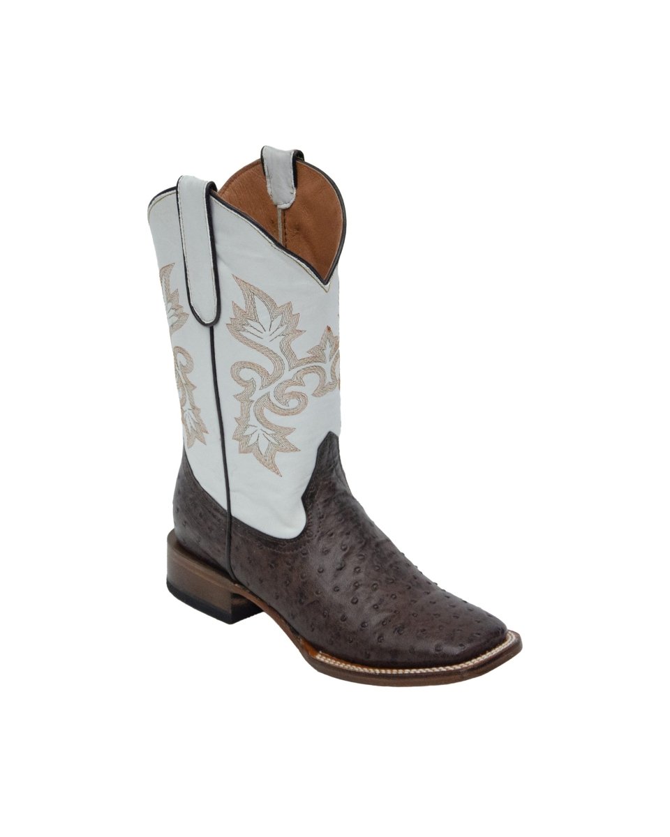 TANNER MARK YOUTH Shane Ostrich Print Brown Western Youth Boots Bone Top - Rancho Sementalvariable