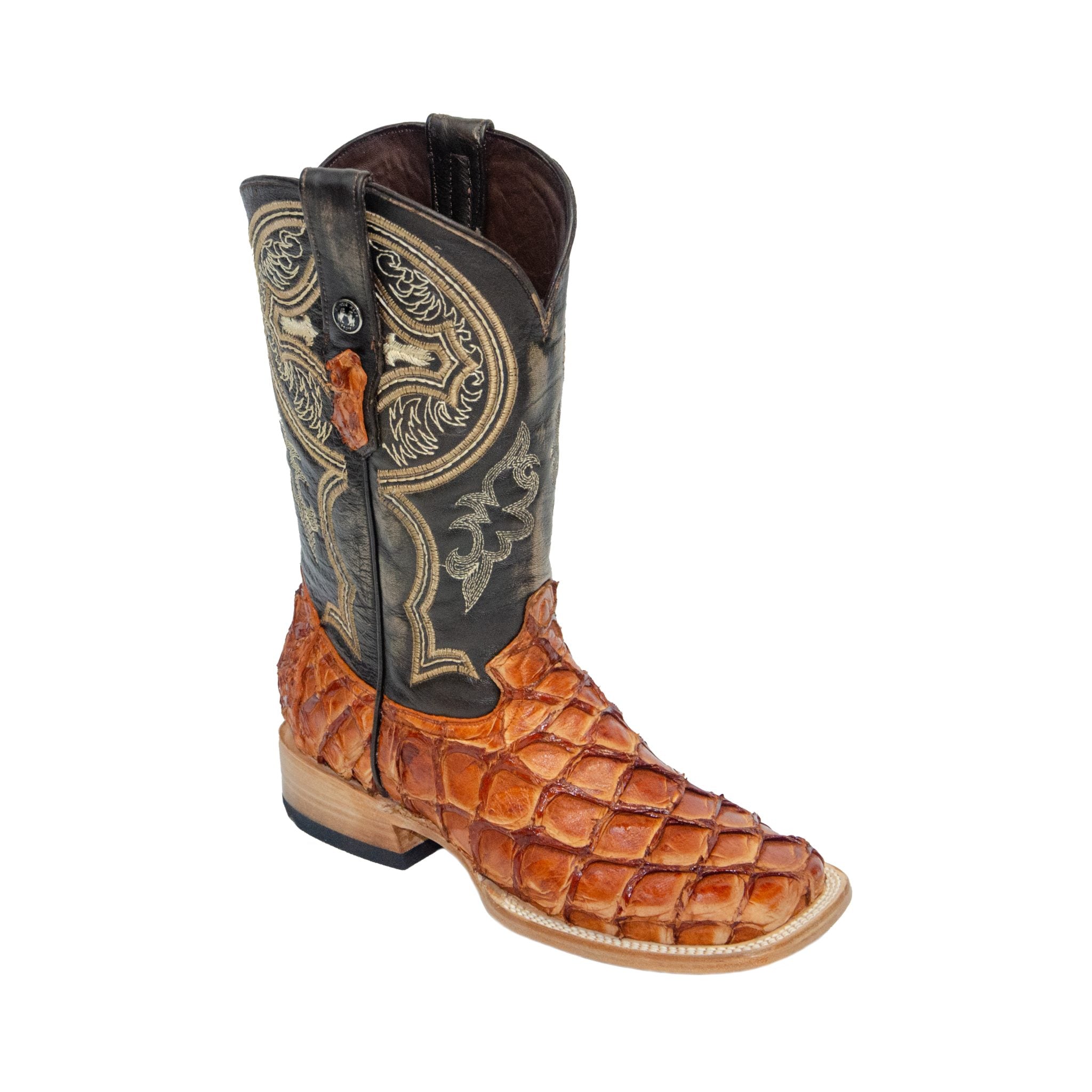 TANNER MARK MEN'S EXOTIC LEATHER Monster Fish Brandy Western Boots With Kabul Brown Top Extra Wide Square Toe